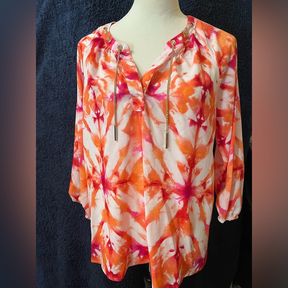 Calvin Klein Blouse Tie Dye Gold Chain top peasant split neck